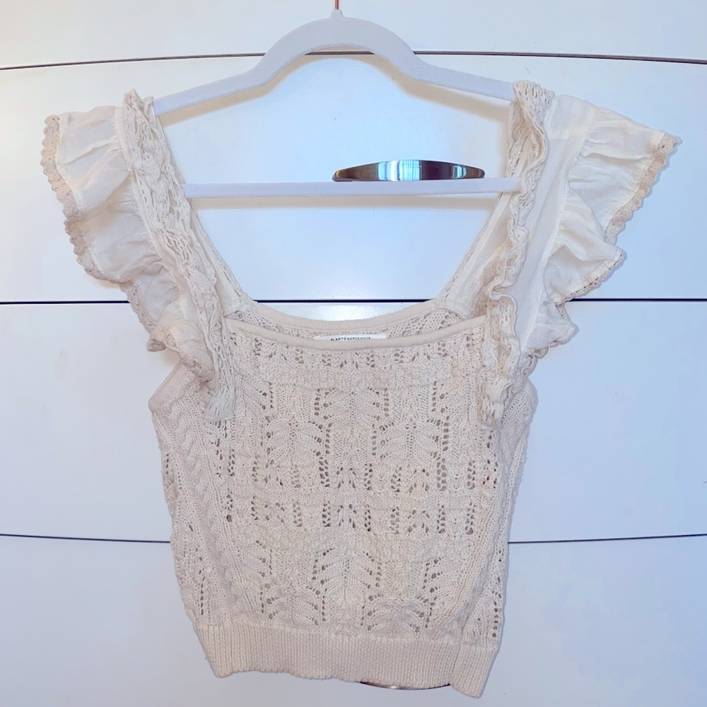 Anthropologie Off White Crochet Flutter Sleeve Crop Top